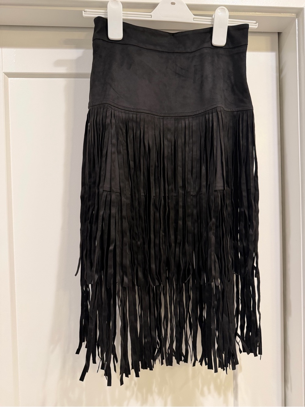 Faux Suede Black Fringe Midi Skirt